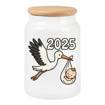 Stork with foundling in its beak 2025 - Cookie Jar with Wooden Lid - white - Front