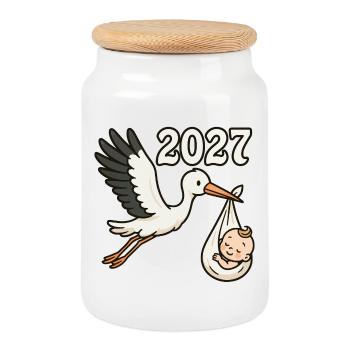 Stork with foundling in its beak 2027 - Cookie Jar with Wooden Lid - white - Front