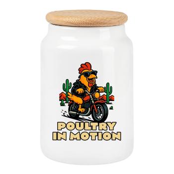 Volaille en mouvement : motard de poulet - Boîte à biscuits avec couvercle en bois - blanc - Devant