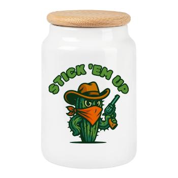 Cactus Cowboy with Bandana and Hat - Cookie Jar with Wooden Lid - white - Front