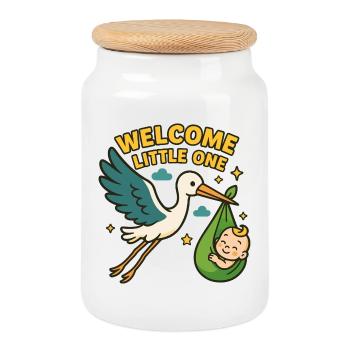 Stork Baby Arrival – "Welcome Little One" - Cookie Jar with Wooden Lid - white - Front