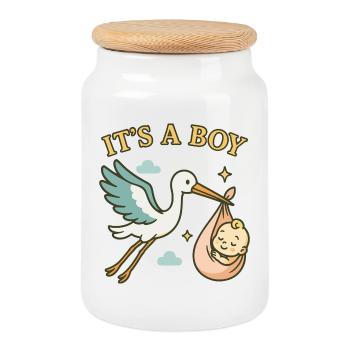 Hello Baby Boy - Storch bringt Baby – It's a Boy - Boîte à biscuits avec couvercle en bois - blanc - Devant