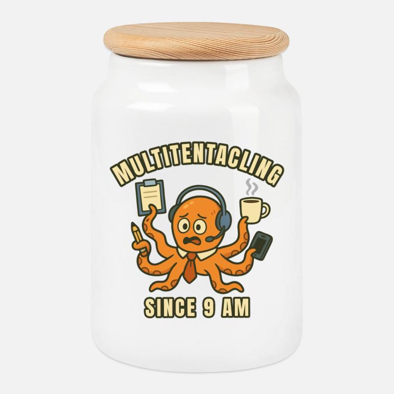 Multitasking Octopus at 9 a.m. - Cookie Jar with Wooden Lid - white