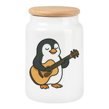 Cute Penguin Guitarist Band Musician Music - Cookie Jar with Wooden Lid - white - Front