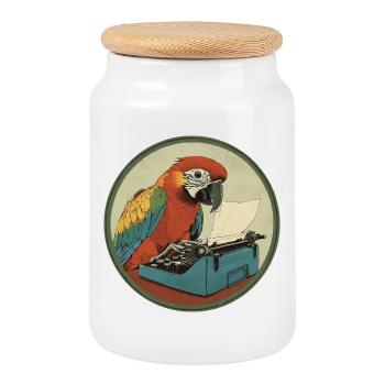 Parrot with typewriter – Feather-light and creative - Cookie Jar with Wooden Lid - white - Front