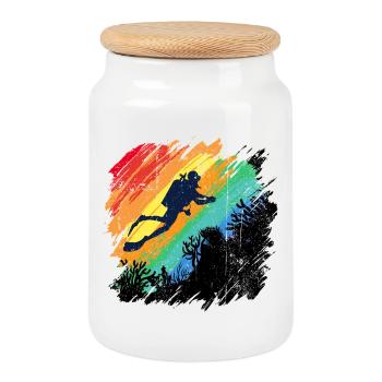 Illustration de plongeur sous-marin vif - Boîte à biscuits avec couvercle en bois - blanc - Devant