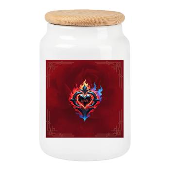 A flaming heart, the fire of love. - Cookie Jar with Wooden Lid - white - Front