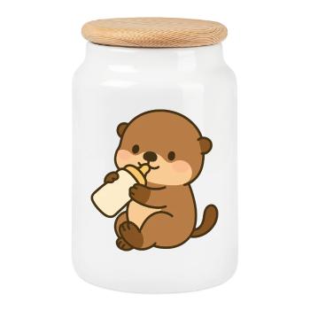 Sea Otter Sipping Fun - Cookie Jar with Wooden Lid - white - Front
