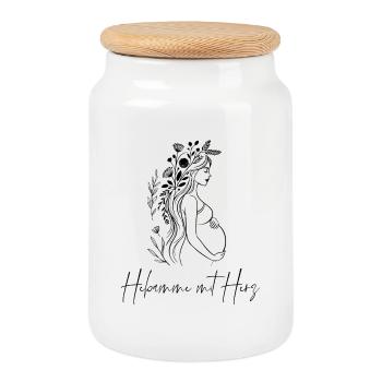 Hebamme mit Herz - Boho, personalisierbar - Keksdose mit Holzdeckel - Weiß - Vorne