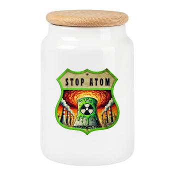 Stop Atom Crest Design - Cookie Jar with Wooden Lid - white - Front