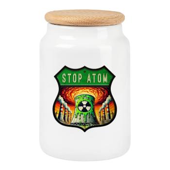 Stop Atom Crest Design - Cookie Jar with Wooden Lid - white - Front