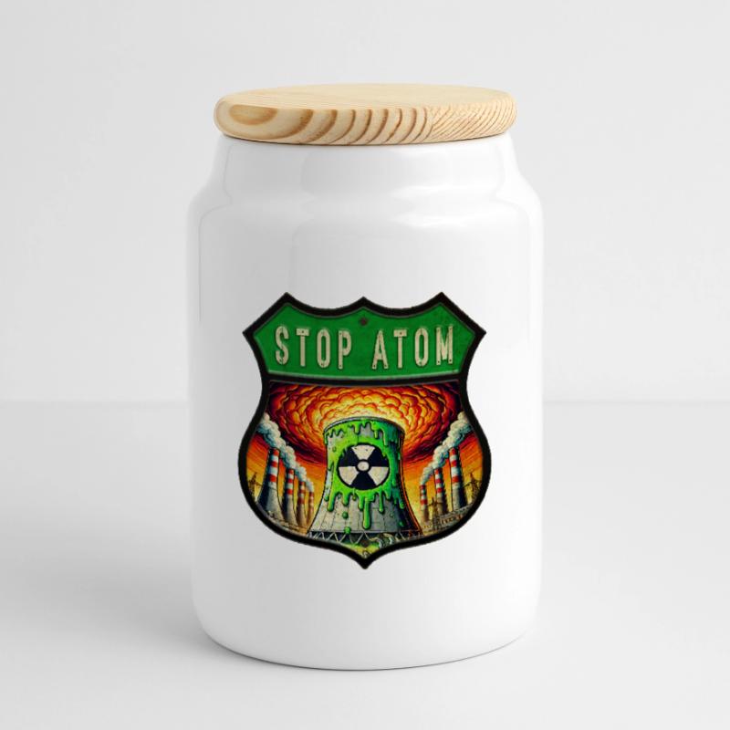 Stop Atom Crest Design Cookie Jar with Wooden Lid