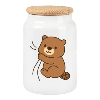 Snuggled up – baby beaver - Cookie Jar with Wooden Lid - white - Front