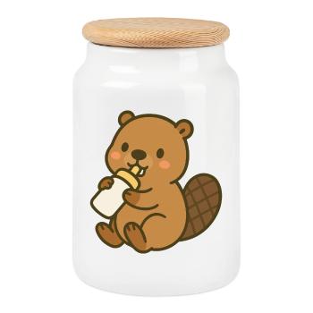 Milk time with the baby beaver - Cookie Jar with Wooden Lid - white - Front