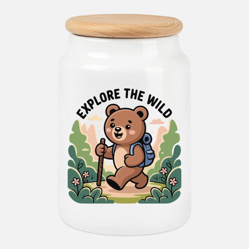 Explore the Wild Bear Illustration - Cookie Jar with Wooden Lid - white