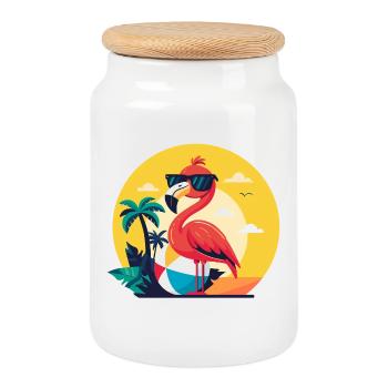 Flamant rose ballon de plage et palmiers - Boîte à biscuits avec couvercle en bois - blanc - Devant