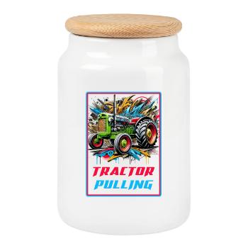 Tractor Pulling Power - Cookie Jar with Wooden Lid - white - Front