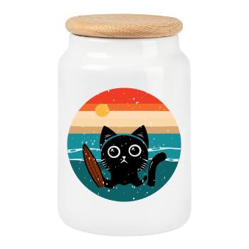 Surfing Cat - Cookie Jar with Wooden Lid - white - Front