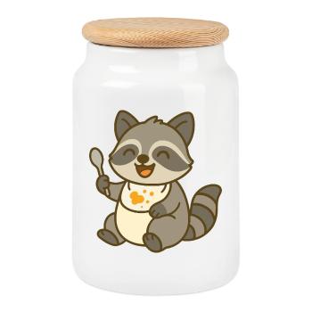 Feeding with baby raccoon - Cookie Jar with Wooden Lid - white - Front