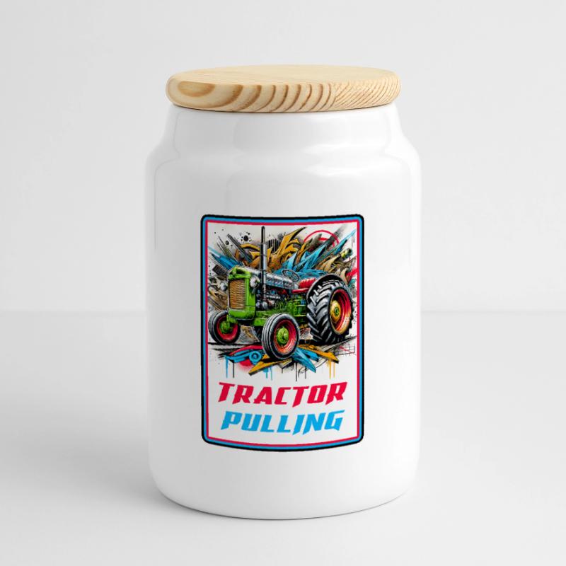 Tractor Pulling Power Cookie Jar with Wooden Lid