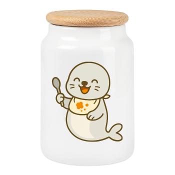 Alimentation avec le bébé phoque - Boîte à biscuits avec couvercle en bois - blanc - Devant