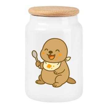 Bébé lion de mer – Drôle d’ami de la mer - Boîte à biscuits avec couvercle en bois - blanc - Devant