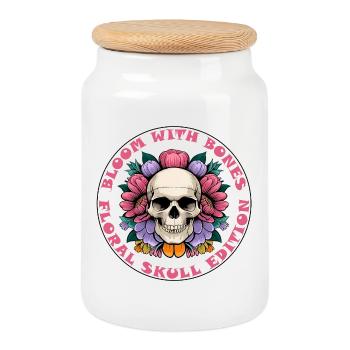 skull sticker bloom with bones flowers - Cookie Jar with Wooden Lid - white - Front
