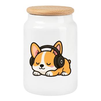 Cute Corgi Dog Cartoon with Headphones Sleeping - Cookie Jar with Wooden Lid - white - Front