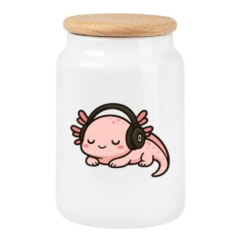 Niedlicher Axolotl Cartoon Schlaft mit Kopfhörern - Keksdose mit Holzdeckel - Weiß - Vorne