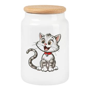 Fröhliche Cartoon-Katze mit Halsband - Keksdose mit Holzdeckel - Weiß - Vorne