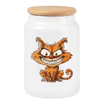 Crazy Katze, Verrückte Katze mit breitem Grinsen - Keksdose mit Holzdeckel - Weiß - Vorne