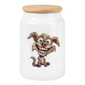 Laughing Cartoon Dog Crazy - Cookie Jar with Wooden Lid - white - Front