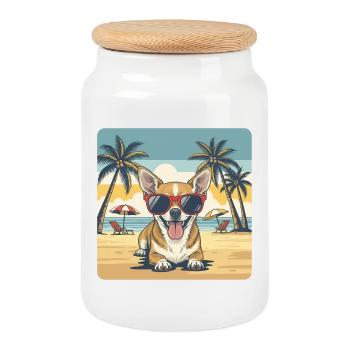 Chihuahua Beach Dog with Sunglasses - Cookie Jar with Wooden Lid - white - Front