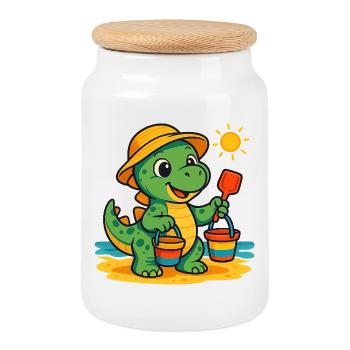 Playful Dinosaur with Summer Accessories - Cookie Jar with Wooden Lid - white - Front