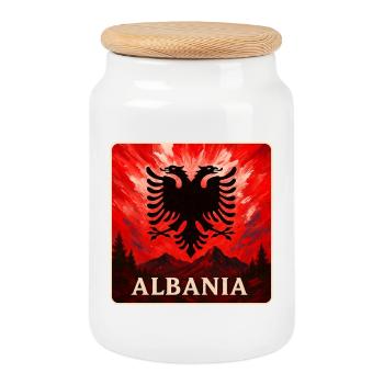 Albania Double Eagle Design - Cookie Jar with Wooden Lid - white - Front