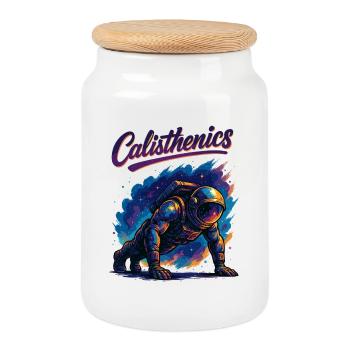 Calisthenics Astronaut Liegestütze Geschenk - Keksdose mit Holzdeckel - Weiß - Vorne
