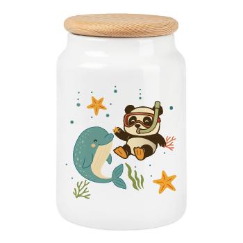 Panda taucht mit Delfin im Meer - Keksdose mit Holzdeckel - Weiß - Vorne