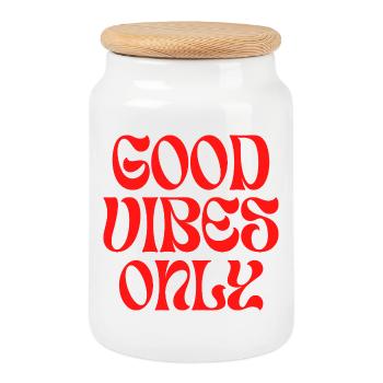 Inscription inspirante « Good emotions only » - Boîte à biscuits avec couvercle en bois - blanc - Devant