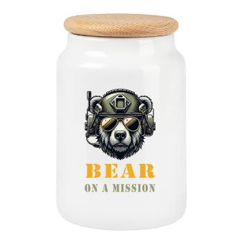 Ours en mission / Conception militaire - Boîte à biscuits avec couvercle en bois - blanc - Devant