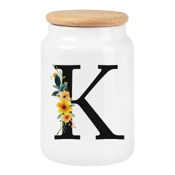 K Monogram, Floral, Personalizable - Cookie Jar with Wooden Lid - white - Front