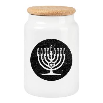 Menorah de Hanoukka chandelier dans cercle noir - Boîte à biscuits avec couvercle en bois - blanc - Devant