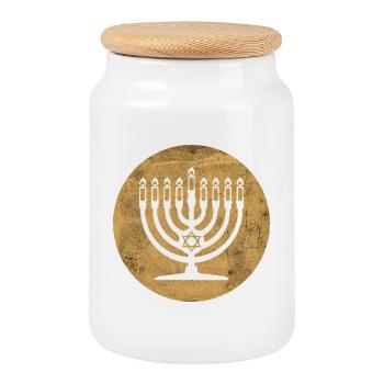 Menorah de Hanoukka chandelier dans cercle doré - Boîte à biscuits avec couvercle en bois - blanc - Devant