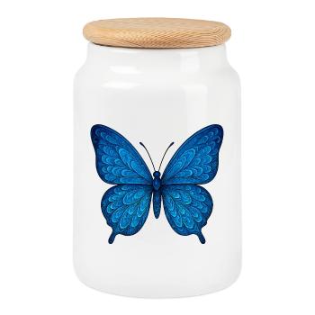 Blauer Schmetterling - Keksdose mit Holzdeckel - Weiß - Vorne