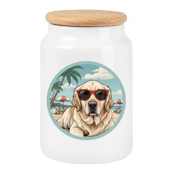 Golden Retreiver Dog on the Beach with Red Glasses - Cookie Jar with Wooden Lid - white - Front