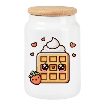 Kawaii Waffel Dessert Illustration - Keksdose mit Holzdeckel - Weiß - Vorne