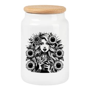 Woman with Flowers – Line Art Clipart - Cookie Jar with Wooden Lid - white - Front