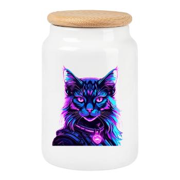 Néon Espace Chat Chat Portrait - Boîte à biscuits avec couvercle en bois - blanc - Devant