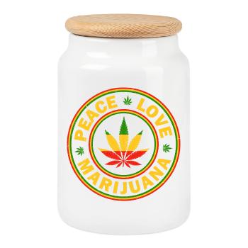 Peace Love Marijuana Rastafarian Emblem - Cookie Jar with Wooden Lid - white - Front
