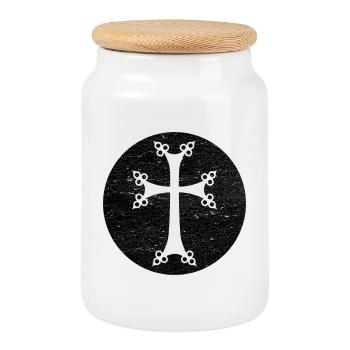 Stylized Armenian Cross in Black Circle - Cookie Jar with Wooden Lid - white - Front