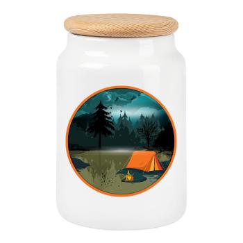 Night camping in the forest with campfire and tent - Cookie Jar with Wooden Lid - white - Front